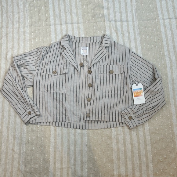 April Kiss linen blend button down striped crop long sleeve shirt - Picture 7 of 12